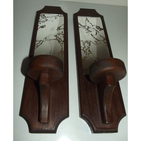 Wood Sconce (lot of 2) mirror crackled gold MCM candle votive holder 15" vintage - Picture 4 of 12